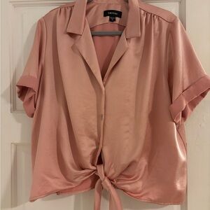 Karen Kane Blush Pink Satin Tie-Hem Short Sleeve Blouse